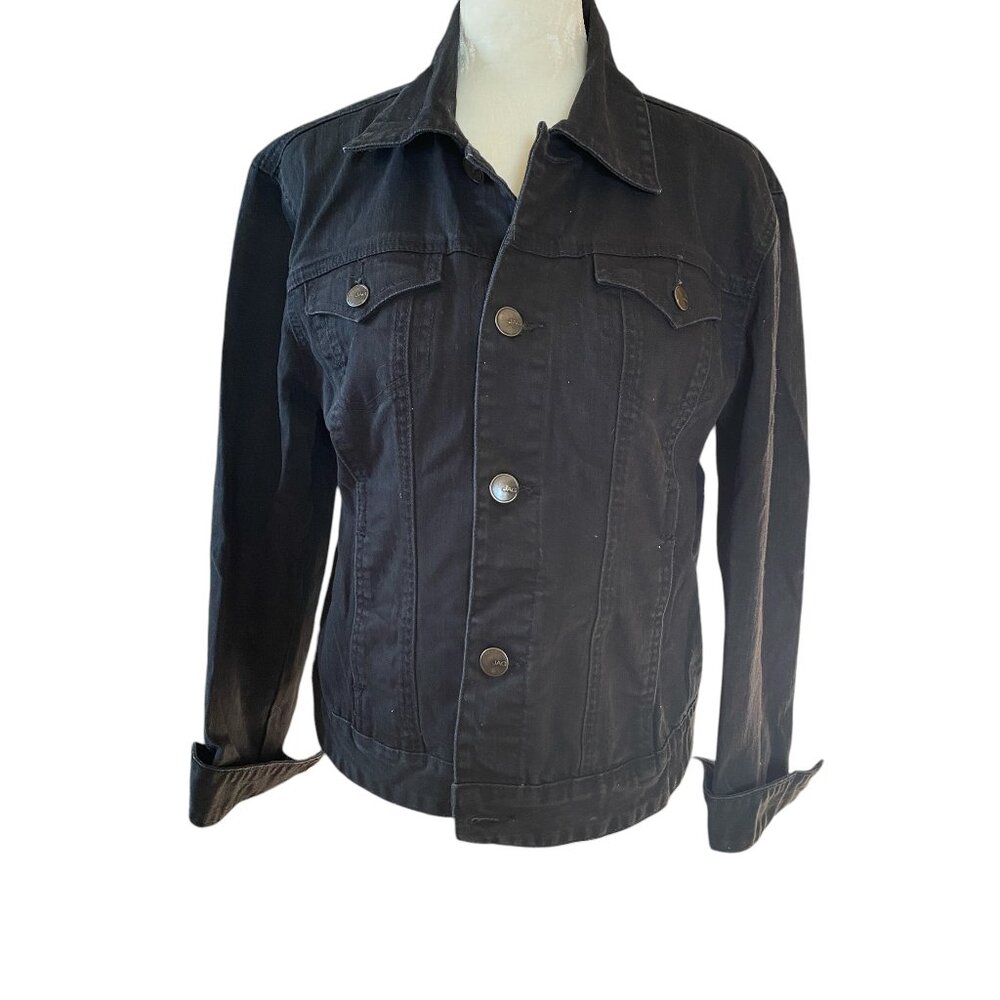 JAG women's M black collared long sleeve button down denim jean jacket pockets